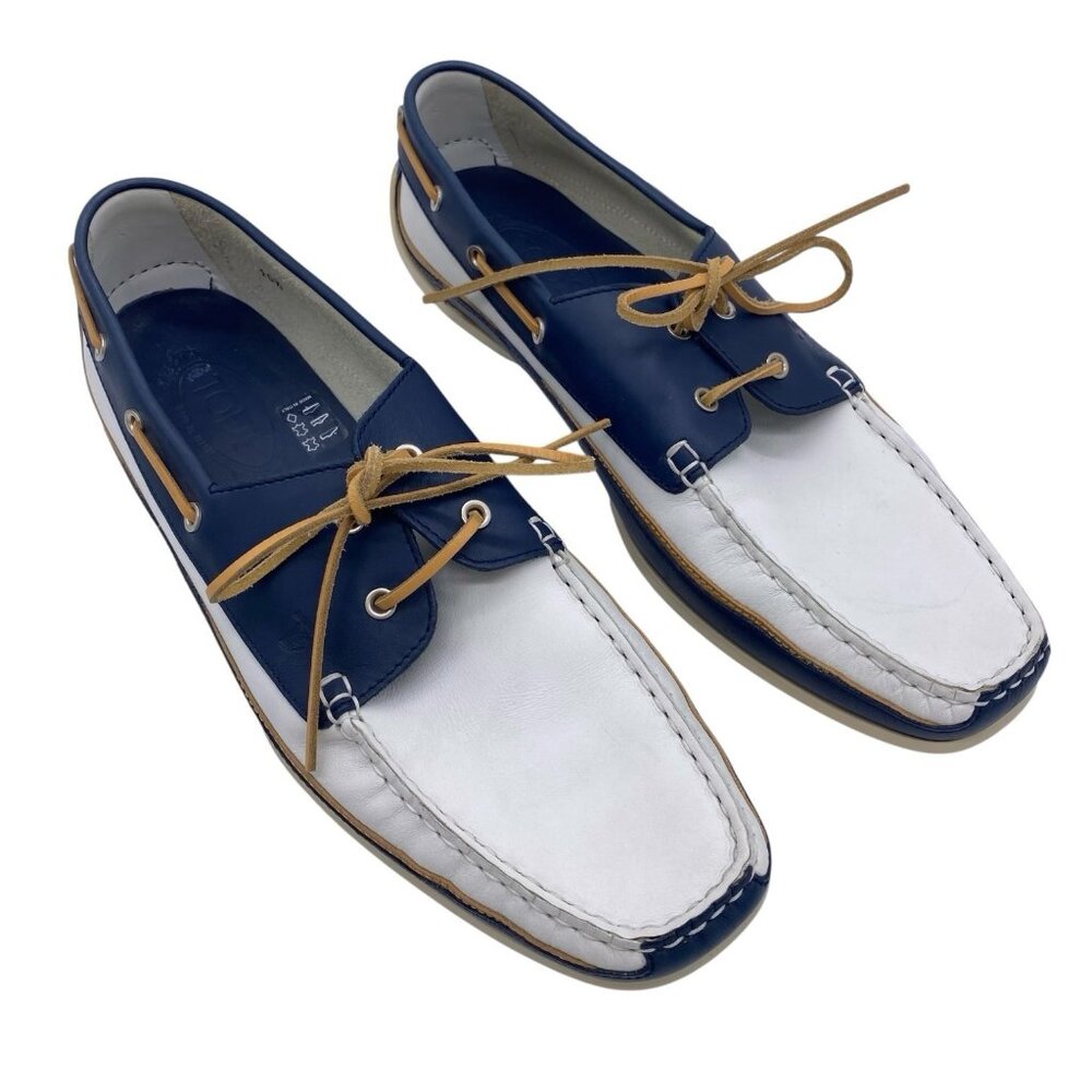 Tod's Gommino Driving Loafer Men 10.5 Leather White Blue Slip-On Deck Boat Italy